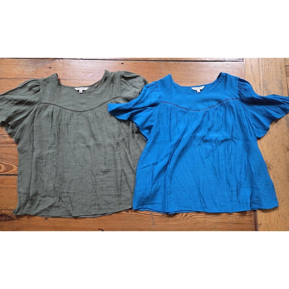 Lot Of 2 Nanette Lepore Tops XL Army Green & Turquoise Flutter Sleeve Blouse